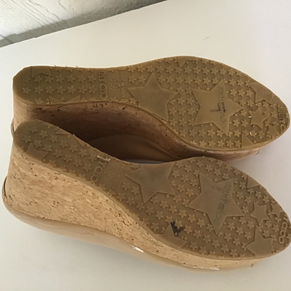 JIMMY CHOO NUDE PATENT LEATHER CORK WEDGE SIZE 10 - Picture 13 of 15